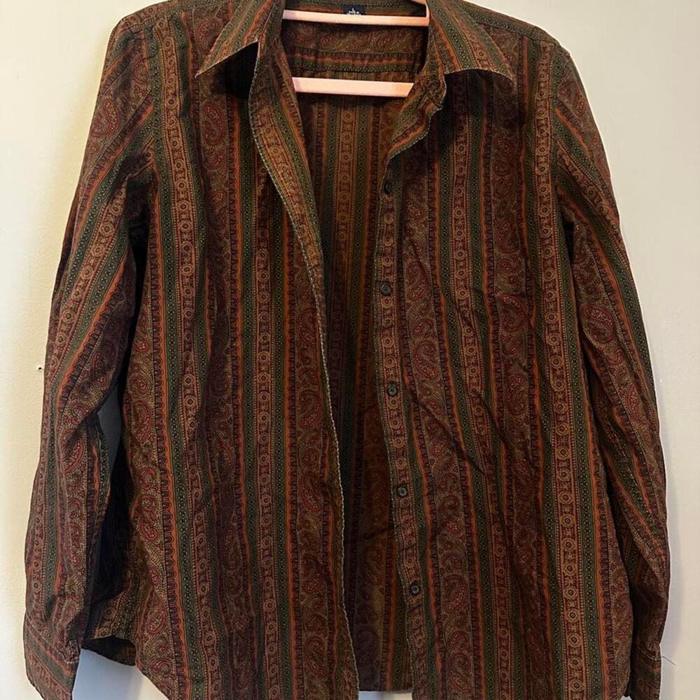 Chaps 100% Cotton Paisley Shirt Brown Olive Rust Striped Button Down Boho 90s